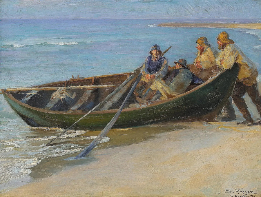 Skagen Kuzey Plajı. Suyun kenarında yeşil bir tekne. Tekneye oturmuş, korkuluklara yaslanmış iki balıkçı. İçeride, bir olta ve iki kürek. - Peder Severin Krøyer