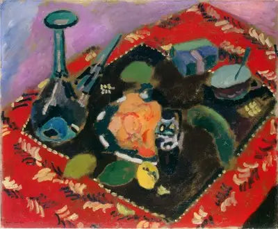 Kırmızı ve siyah bir halı üzerinde tabaklar ve meyveler (Kırmızı Halı) - Henri Matisse