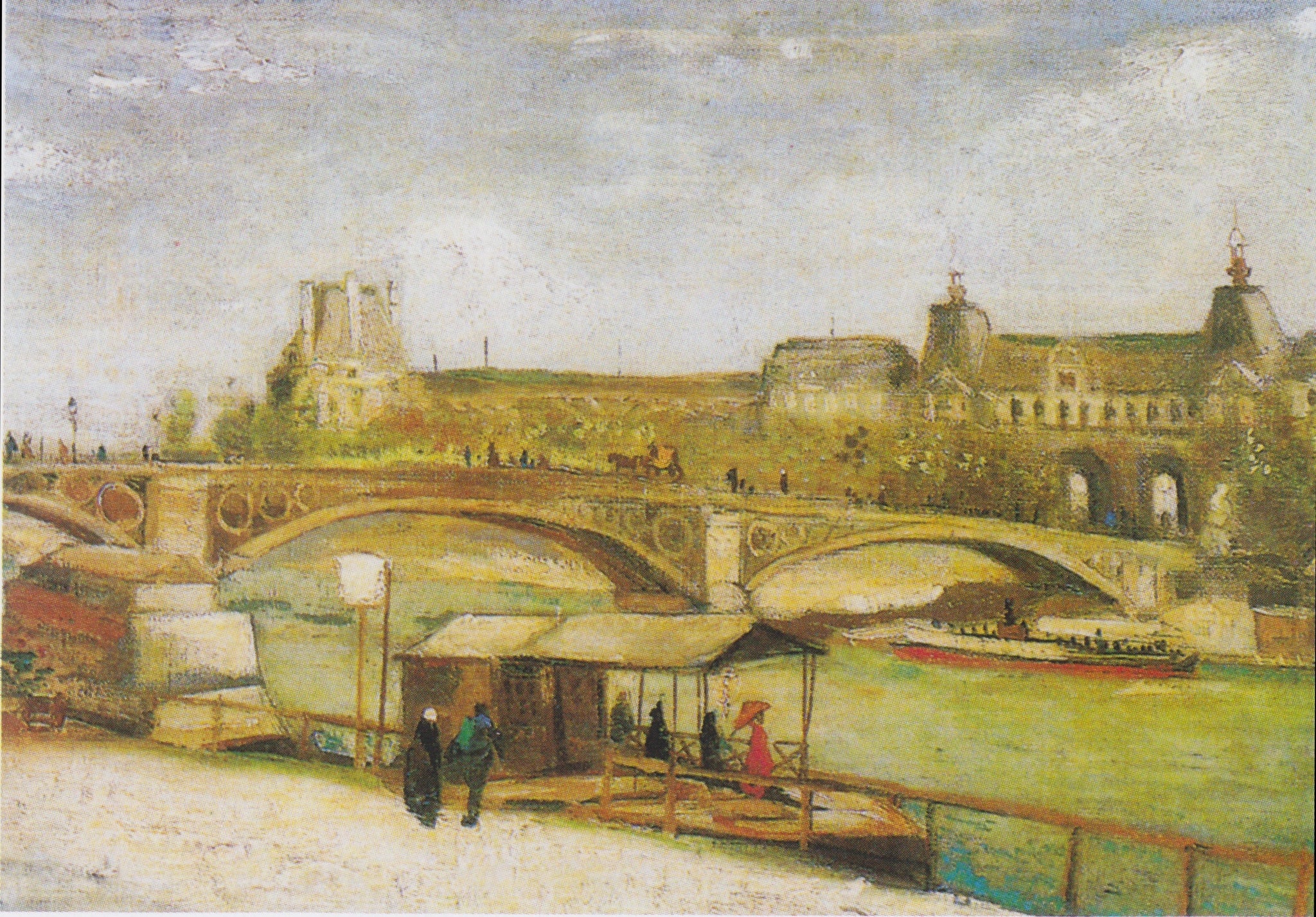 Le Pont du Carrousel et le Louvre F221 — pont sur la Seine, péniches et palais du Louvre par Vincent van Gogh