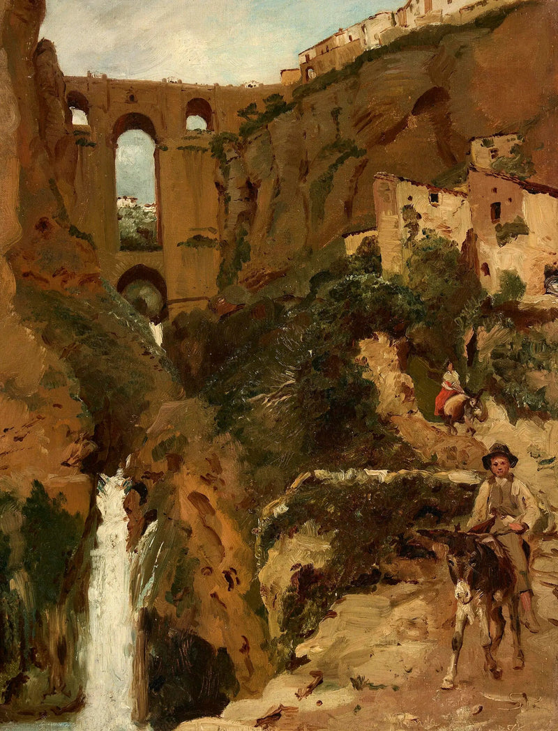 Kayalık bir kanyona bakan köprü. İki binici. Ronda, İspanya. - Peder Severin Krøyer