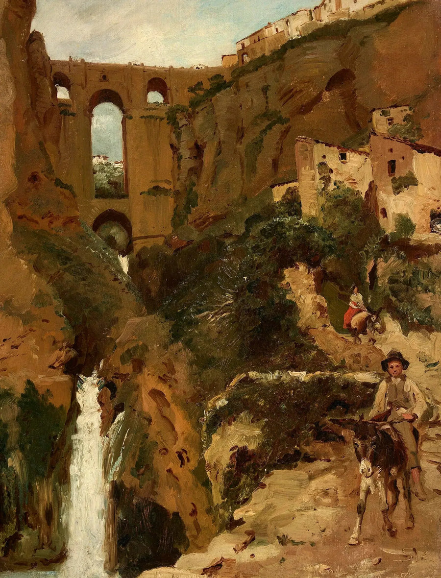Kayalık bir kanyona bakan köprü. İki binici. Ronda, İspanya. - Peder Severin Krøyer