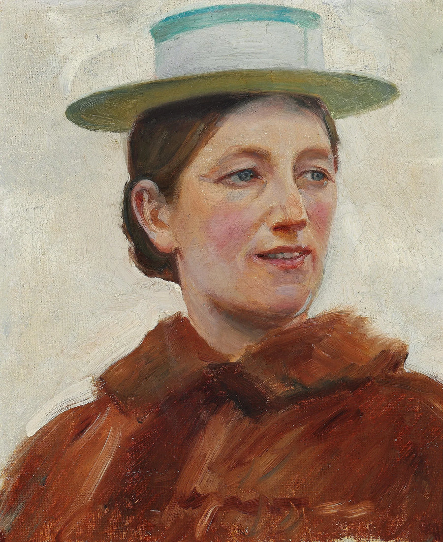 Yeşil çizgili saman şapka takmış Anna Ancher portresi. - Michael Peter Ancher