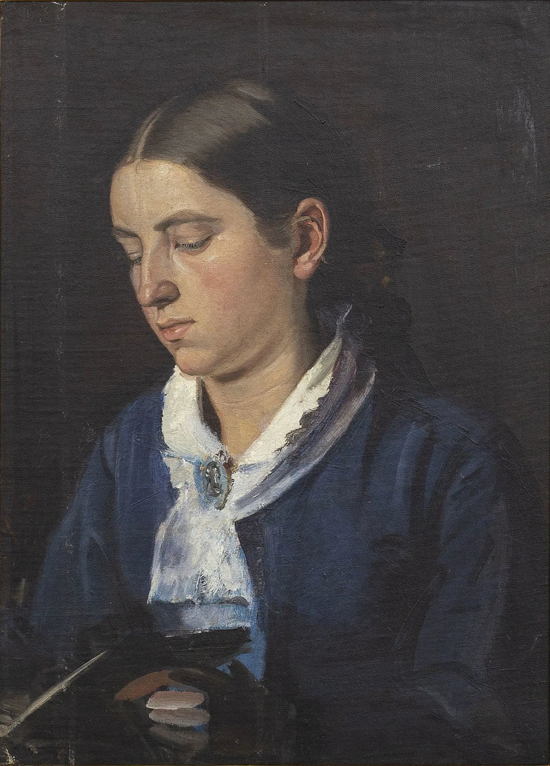 Mavi elbiseli Anna Brøndum portresi, okurken - Michael Peter Ancher
