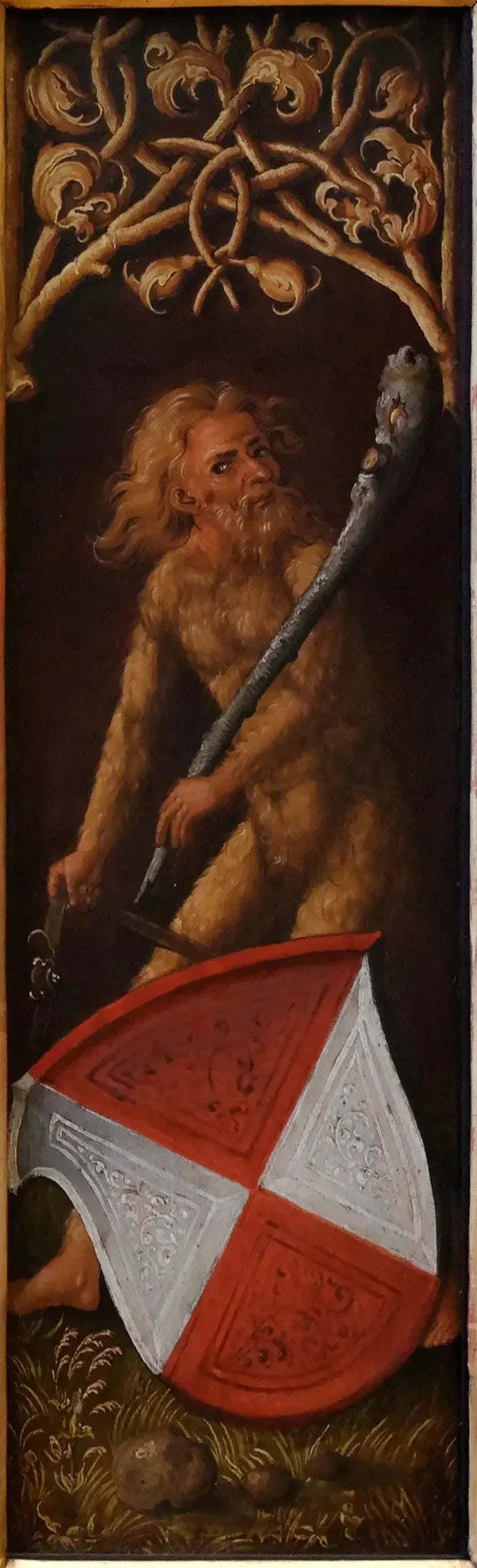 Oswolt Krel Portresi: « Sylvan Adamlar » ve Agathe von Esendorf'un heraldik kalkanları - Albrecht Dürer