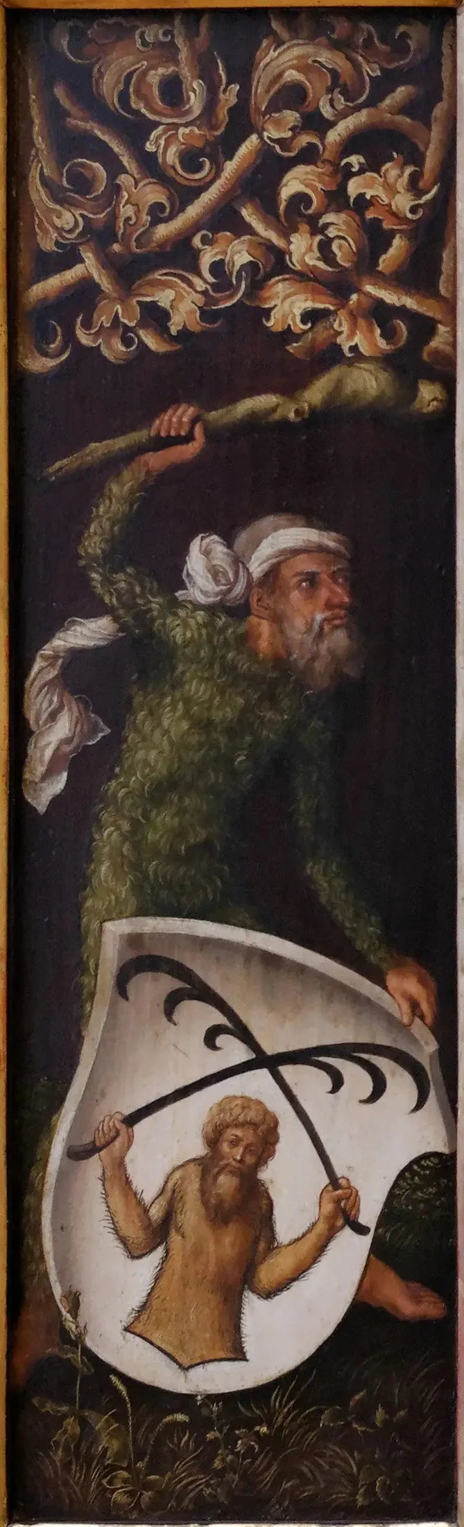 Oswolt Krel Portresi: Oswolt Krel'in heraldik kalkanlarıyla "Orman Adamları" - Albrecht Dürer