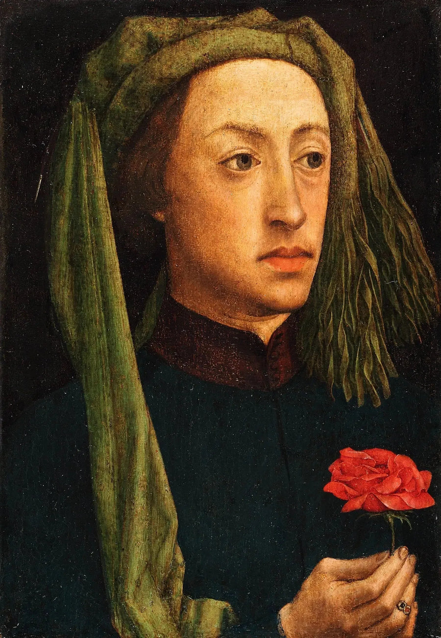 Genç bir adamın kırmızı bir gül tuttuğu portre - Jan van Eyck