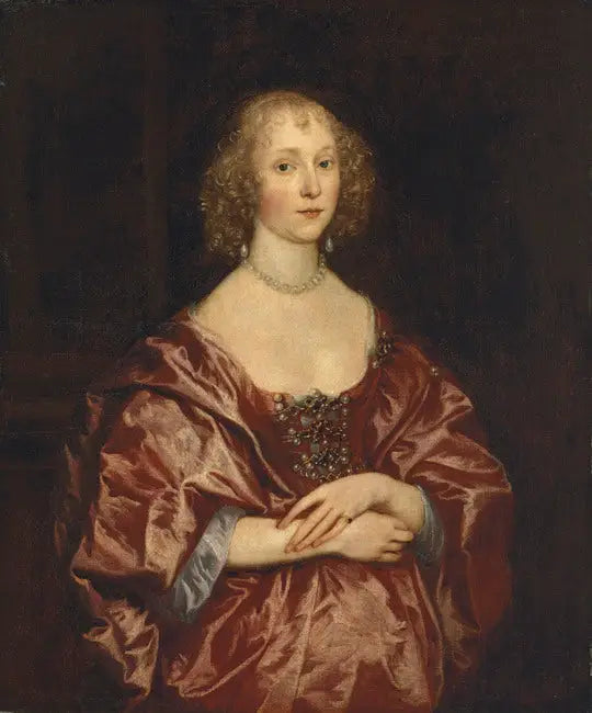 Yarım vücut bir kadının portresi, inci ve elmas işlemeli kırmızı elbiseyle - Antoine van Dyck