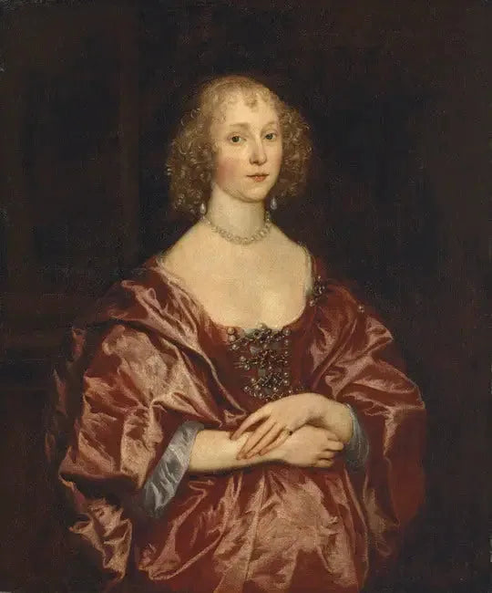 Yarım vücut bir kadının portresi, inci ve elmas işlemeli kırmızı elbiseyle - Antoine van Dyck