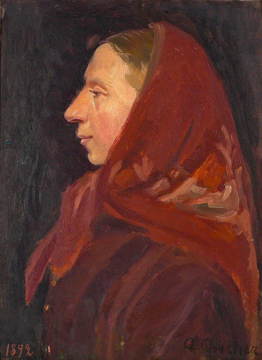 Kırmızı eşarp takmış bir kadının portresi. - Anna Ancher