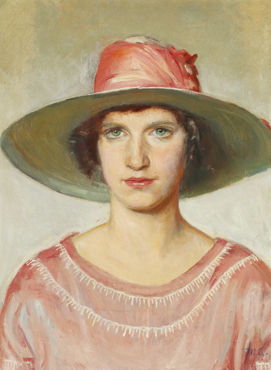 Pembe elbise ve hasır şapka takmış bir kızın portresi, pembe kurdele süslemeli - Michael Peter Ancher