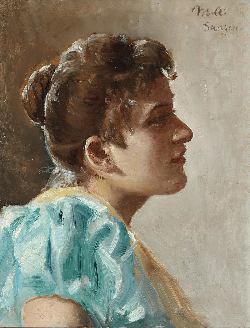 Sarı ve turkuaz elbise giymiş genç kadın portresi - Michael Peter Ancher