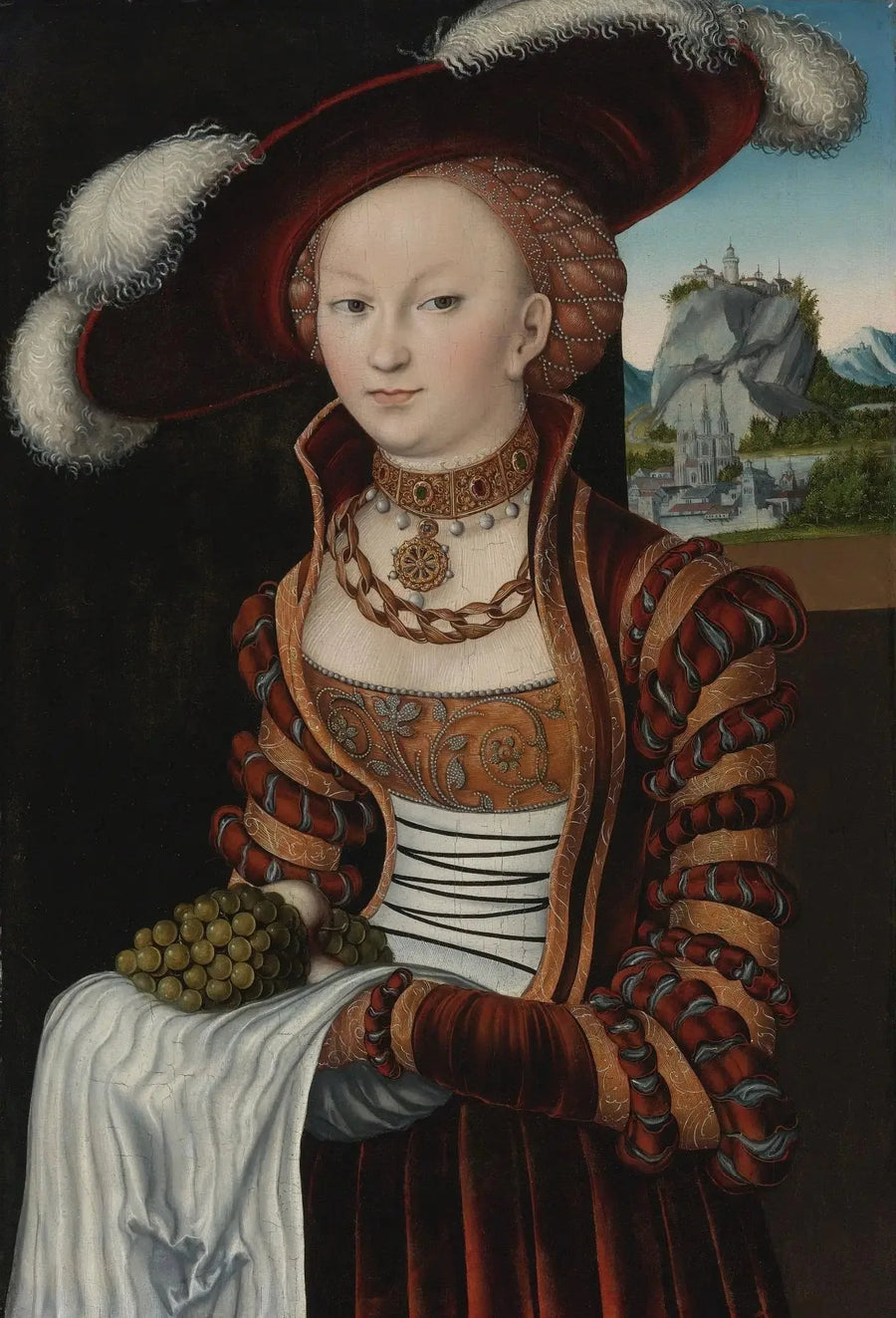 Genç bir kadını üzüm salkımı tutarken gösteren portre - Lucas Cranach the Elder