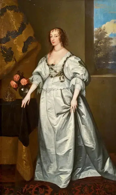 Beyaz saten elbise içinde ayakta duran Henriette Marie kraliçenin portresi - Antoine van Dyck