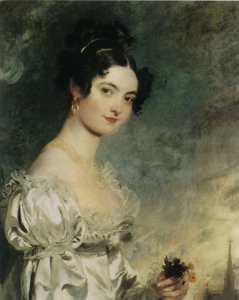 Lady Selina Meade Portresi (1797–1872), yarı vücut, fildişi saten elbise içinde, Viyana'daki Saint-Étienne Katedrali'nin okuyla, ötesinde - Thomas Lawrence