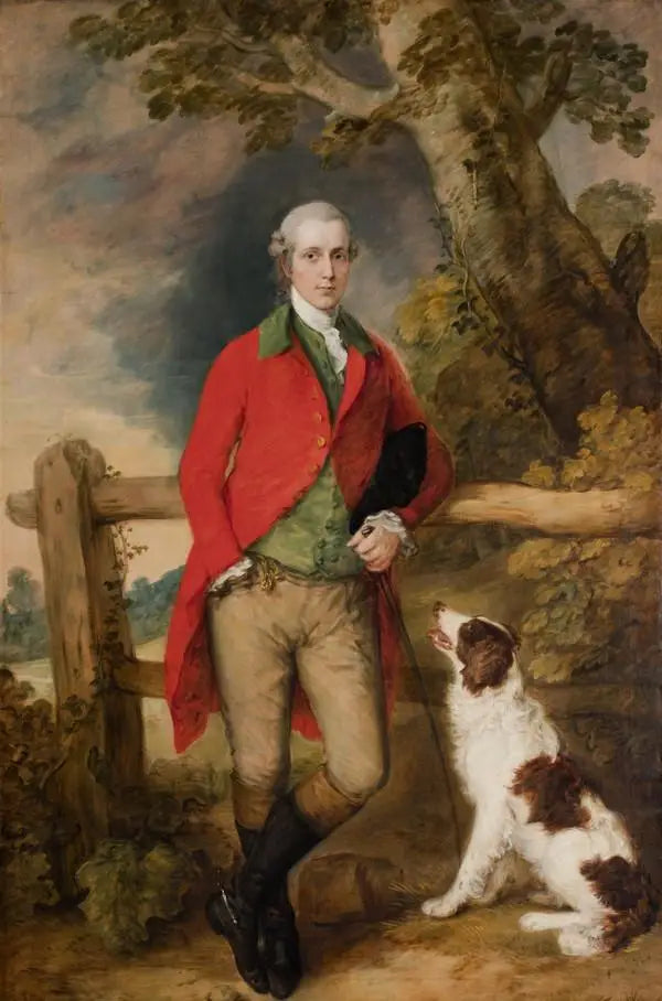 Norman Court'tan Robert Thistlethwayte Portresi, ayakta duruyor, kırmızı bir kaban, yeşil bir yelek ve chamois şalvar giymiş, bir kutu tutuyor, bir çit dayalı, yanında bir spaniel - Thomas Gainsborough