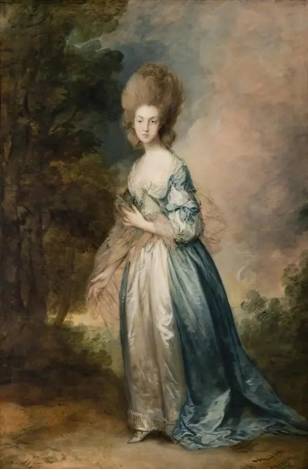 Normandiya mahkemesinden Selina Thistlethwayte portresi, ayakta mavi ve beyaz elbise içinde - Thomas Gainsborough