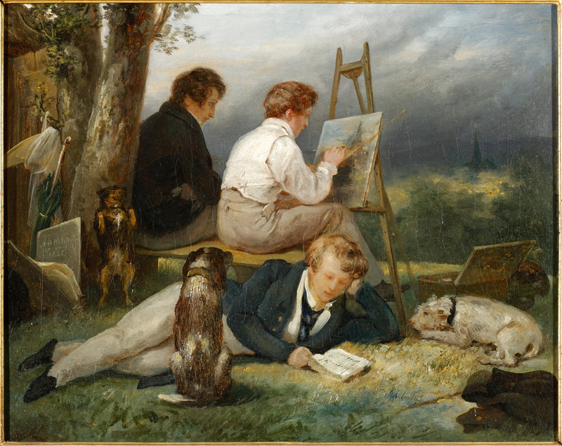 Üç Scheffer kardeşi portresi bir manzarada - Ary Scheffer