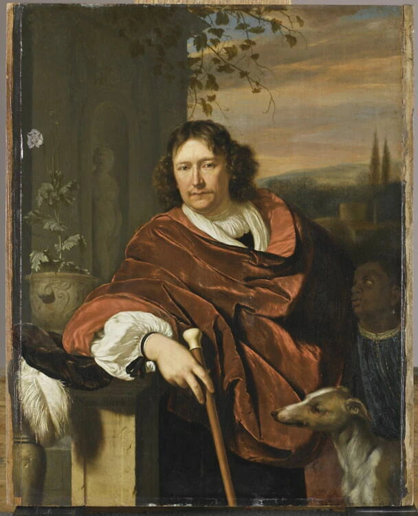 Portrait d'homme à la canne, avec un petit serviteur noir et un chien - Frans van Mieris