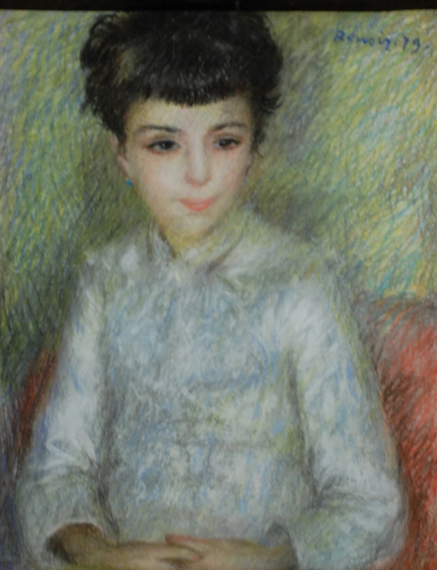 Koyu kahverengi genç kız portresi, elleri kavuşturmuş oturuyor - Pierre-Auguste Renoir