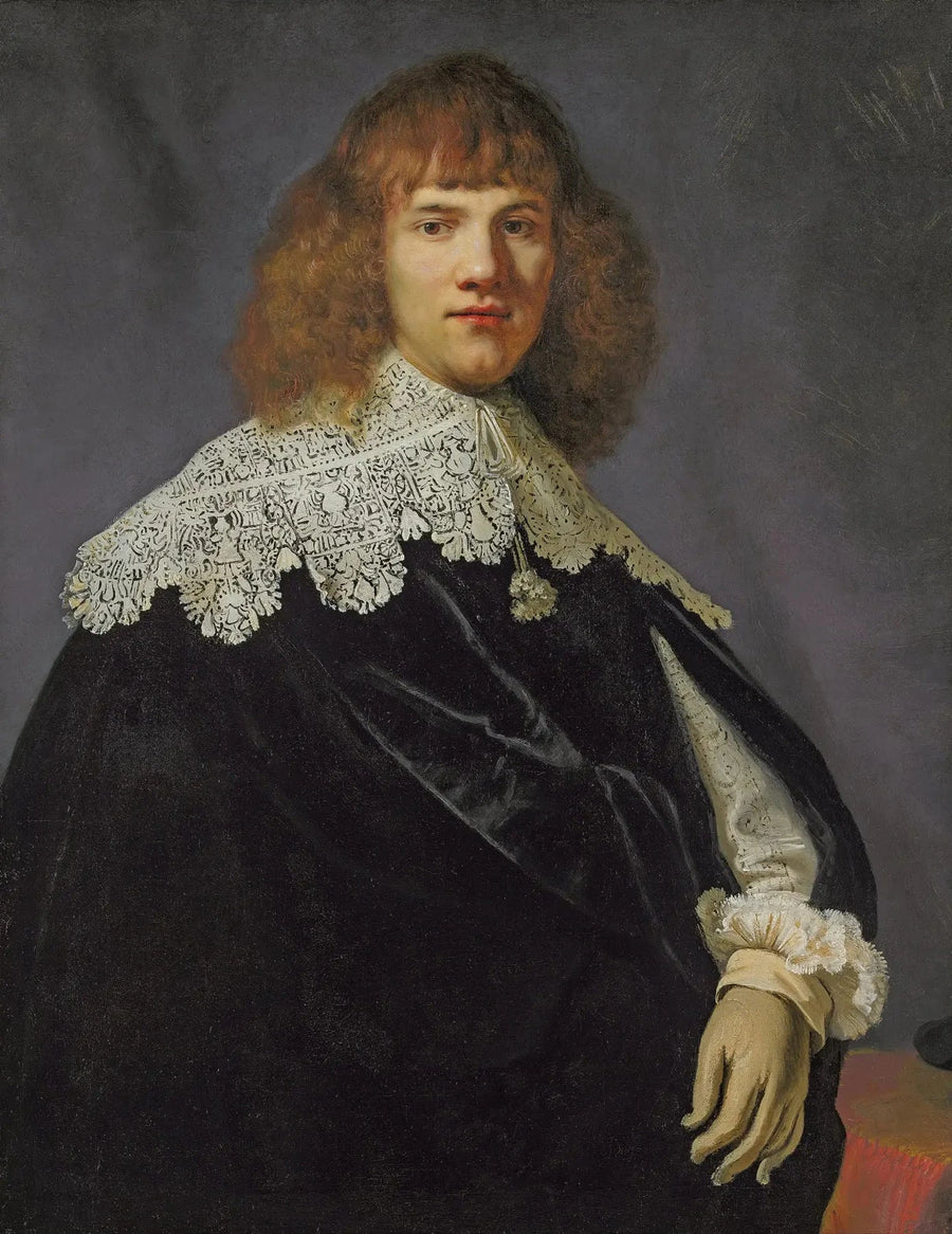 Bir beyefendinin portresi, belden yukarı, siyah kadife bir ceket ve beyaz dantel yaka ve manşetler giymiş - Rembrandt