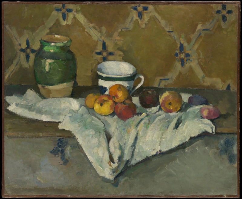 Çömlekçilik, beyaz masa örtüsü üzerinde fincan ve meyveler - Paul Cézanne