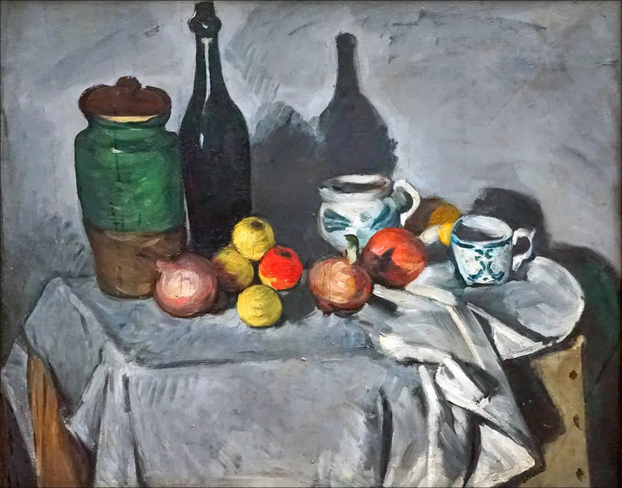 Saksılar, şişe, fincan ve meyveler - Paul Cézanne