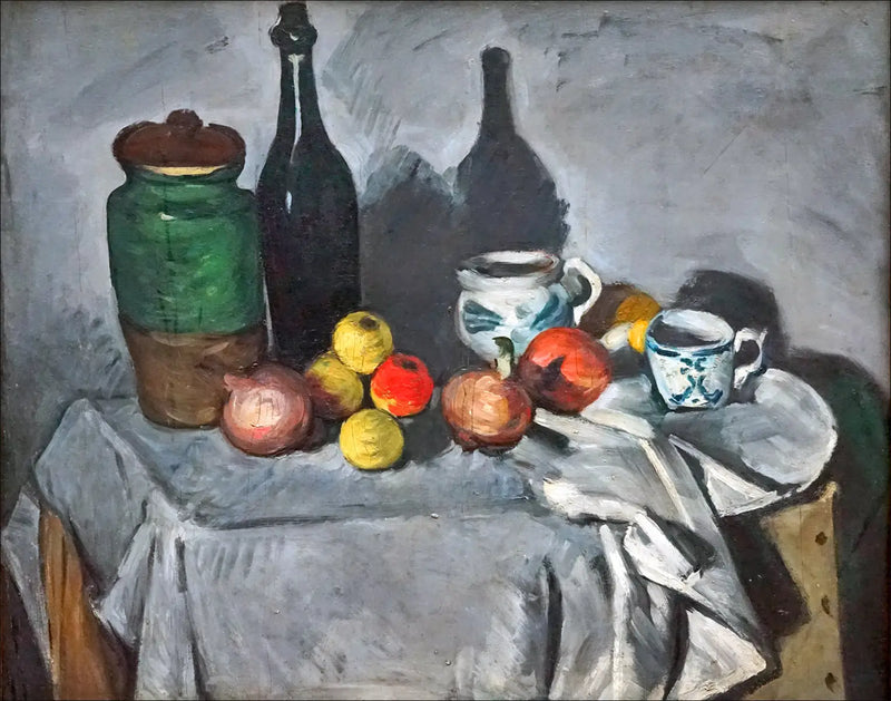 Saksılar, şişe, fincan ve meyveler - Paul Cézanne