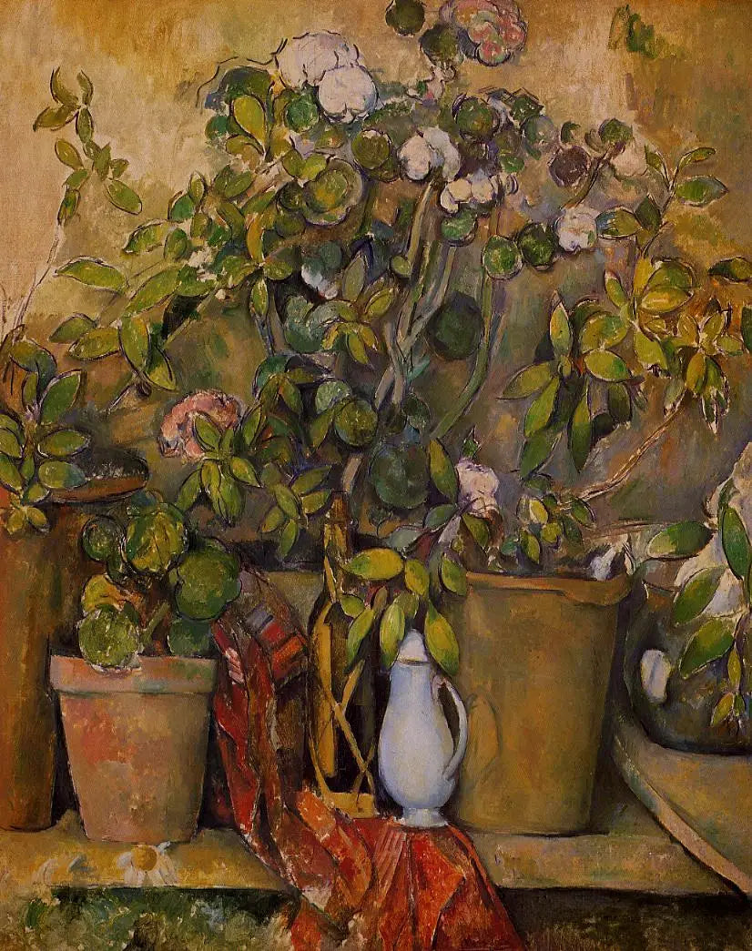Toprak kaplar ve çiçekler - Paul Cézanne