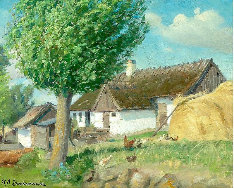 Tavuklar, saz çatılı bir çiftliğin önünde. - H. A. Brendekilde