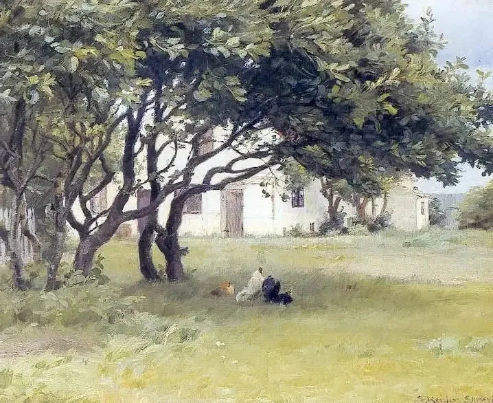 Madame Bendsen'in çiftliğinde ağaçlar altındaki tavuklar - Peder Severin Krøyer