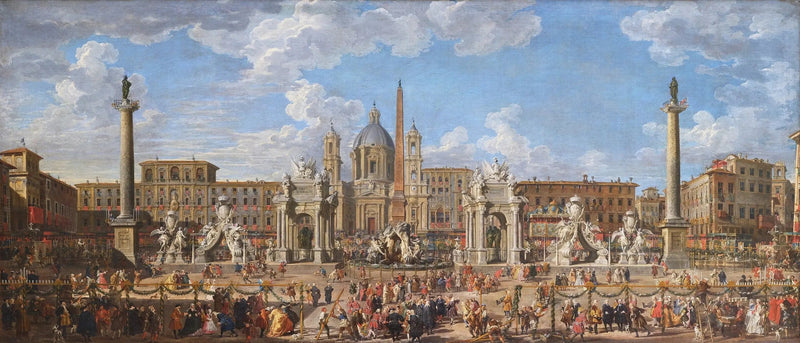 30 Kasım 1729'da Roma'daki Navona Meydanı'nda düzenlenen doğum günü kutlaması ve havai fişek gösterisi hazırlıkları - Giovanni Paolo Panini