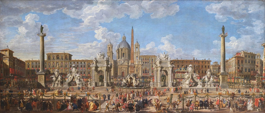 30 Kasım 1729'da Roma'daki Navona Meydanı'nda düzenlenen doğum günü kutlaması ve havai fişek gösterisi hazırlıkları - Giovanni Paolo Panini