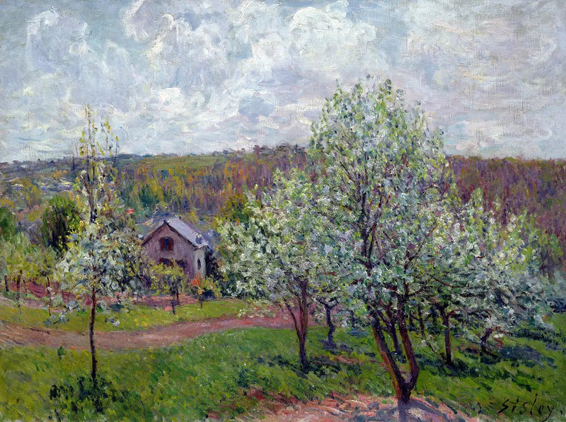 Paris çevresinde bahar. Çiçek açan elma ağaçları - Alfred Sisley