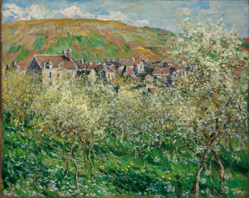 Vétheuil W520'de çiçek açan erik ağaçları - Claude Monet
