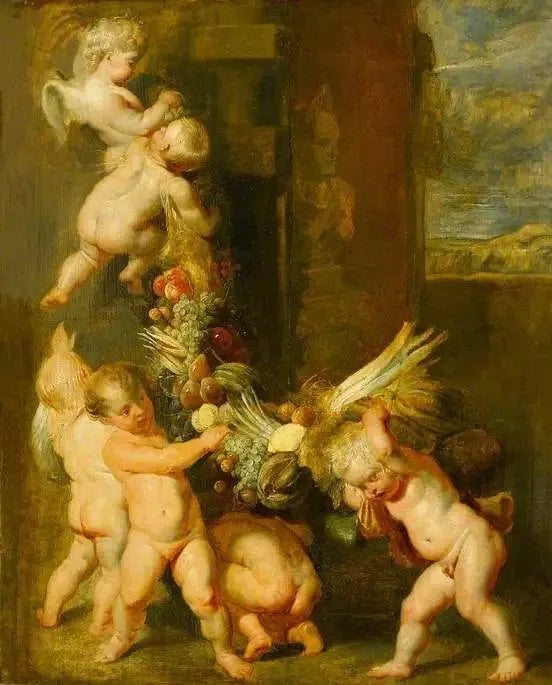 Meşe Palmiye Tahtası Üzerinde Meyve Çelenk Taşıyan Putti - Peter Paul Rubens