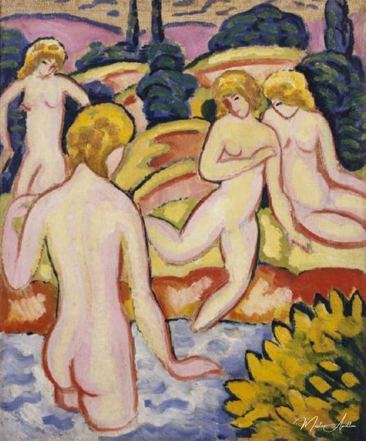 Quatre baigneurs (Baigneurs avec arbres de vie) - August Macke - Reproductions de tableaux et peintures haut de gamme