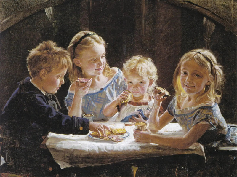 Dört çocuk öğle yemeği yiyor. - Peder Severin Krøyer