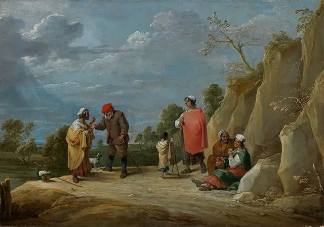 Dört çingene ve bir çocuk, bunlardan biri bir köylüye kehanette bulunuyor - David Teniers le Jeune