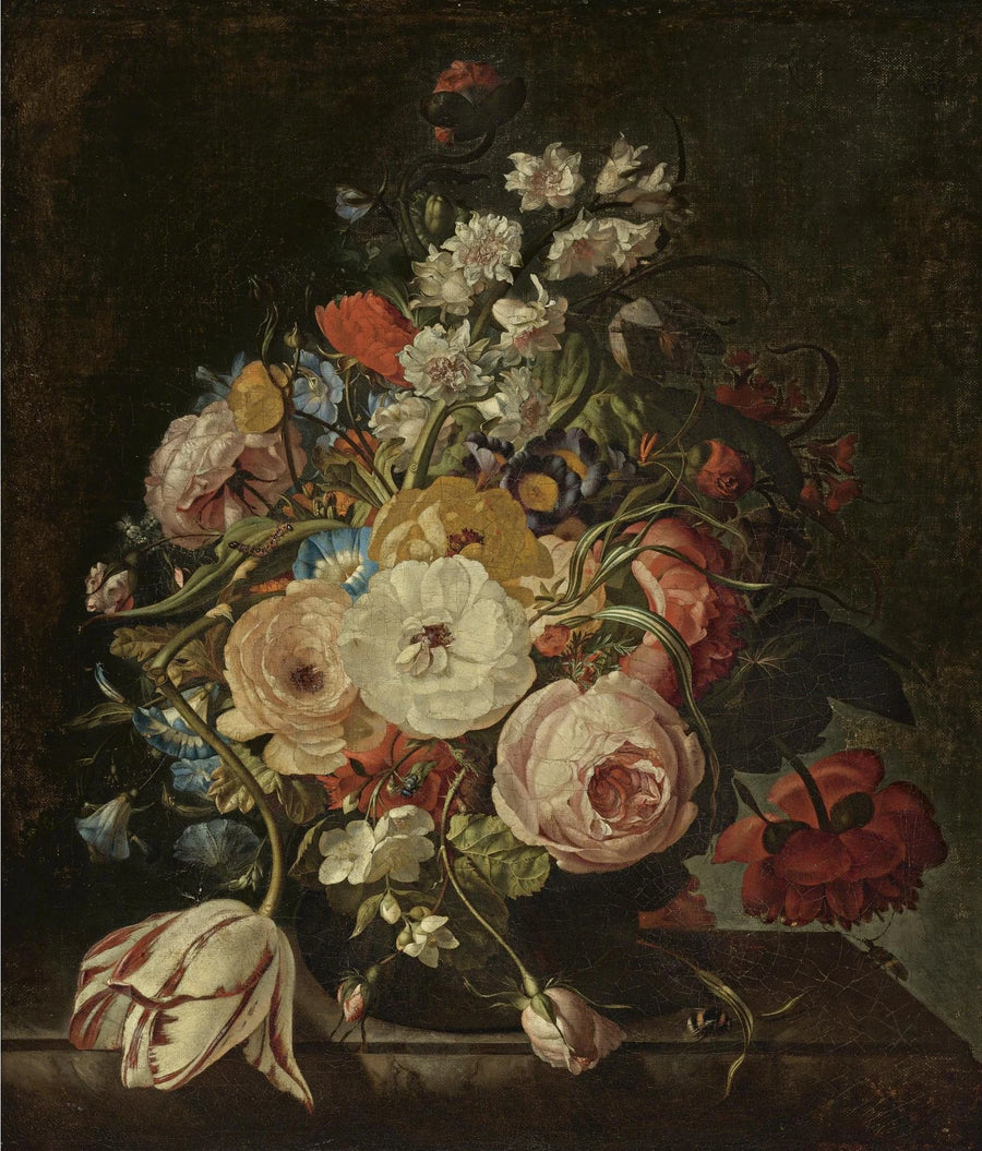 Bouquet de fleurs dans un vase en verre, peinture de Rachel Ruysch