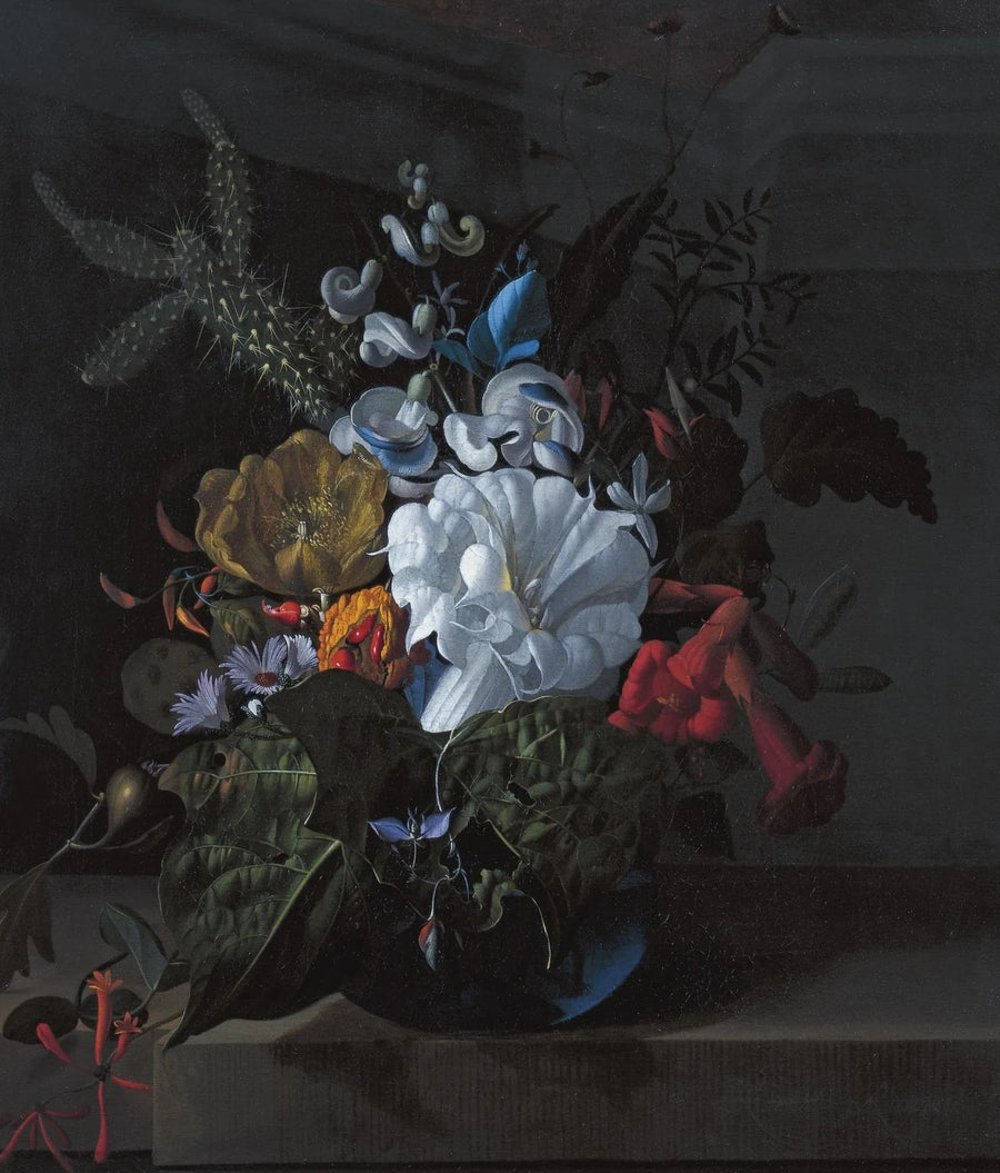 Datura, cactus, figuier et chèvrefeuille dans un vase bleu - Rachel Ruysch