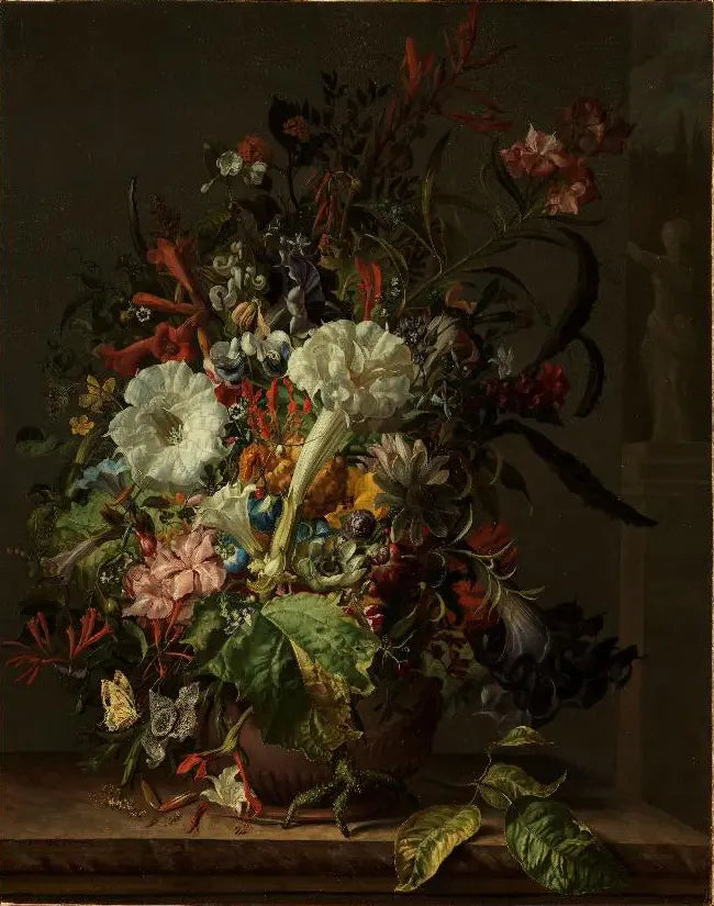 Nature morte aux fleurs exotiques sur un rebord de marbre - Rachel Ruysch
