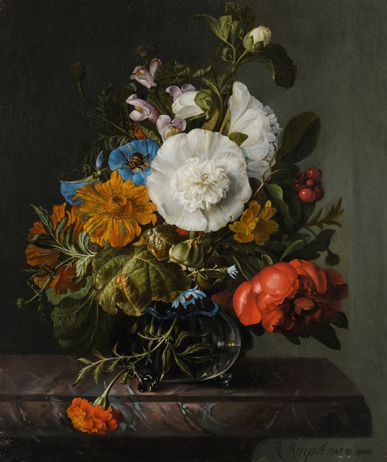 Fleurs dans un vase en verre sur un rebord de marbre - Rachel Ruysch