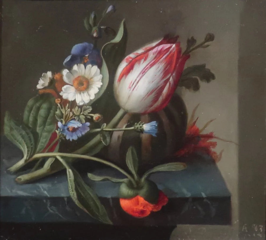 Bouquet à la tulipe et au melon sur un rebord, 1748, peinture de Rachel Ruysch