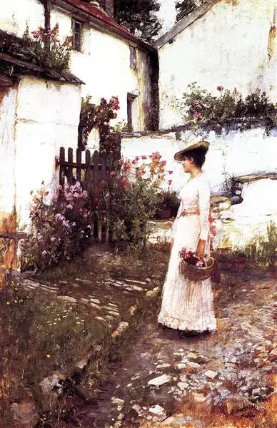 Devonshire'daki bir bahçede yaz çiçeklerini toplamak - John William Waterhouse