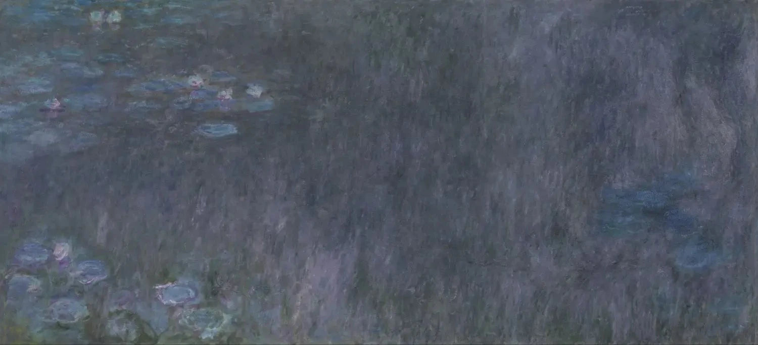 Détail du panneau gauche de Reflets d’arbres et des nymphéas bleu violet