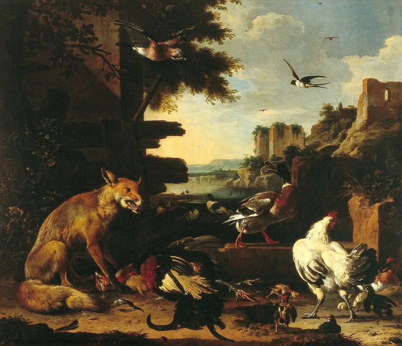 Renard ve horoz ile ölü kümes hayvanları, bir park manzarasında - Melchior de Hondecoeter