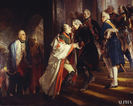 Reproduction du tableau « Rencontre de Frédéric II avec l'empereur Joseph II à Neisse 1769 - Adolph von Menzel » par Alpha Reproduction en peinture à l’huile