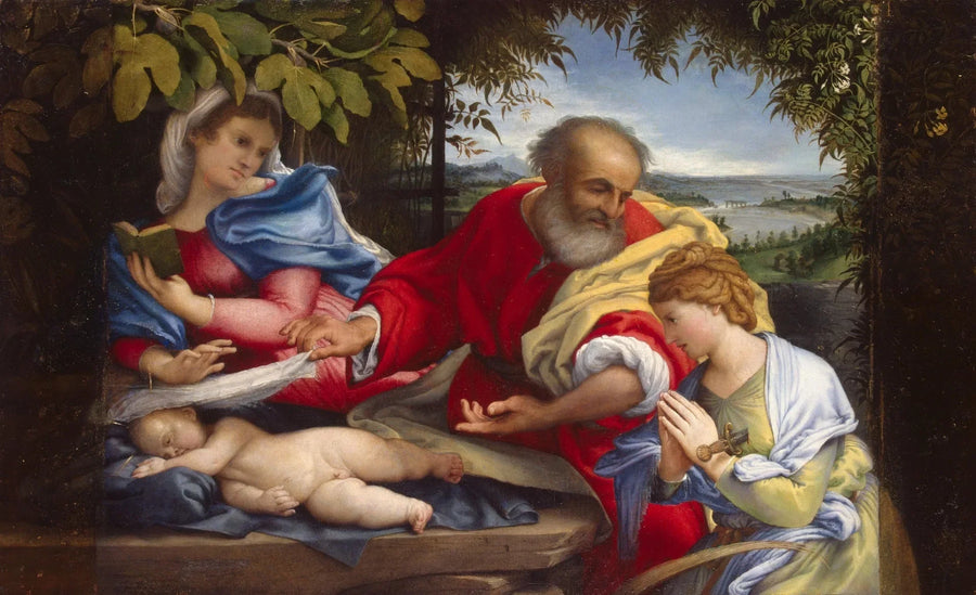 Mısır'a kaçış sırasında dinlenme, Aziz Justine ile - Lorenzo Lotto