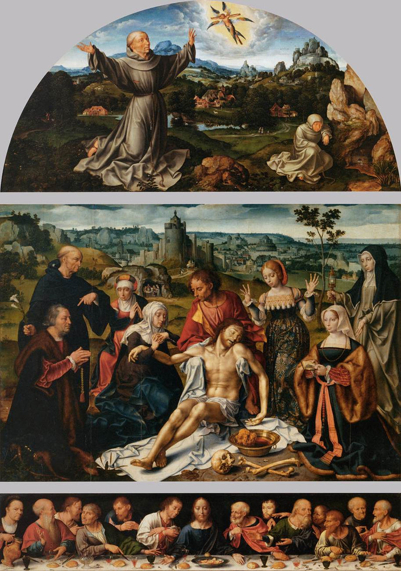 İsa'nın Yas Çadırı: İsa'nın Yas Çadırı (orta panel); Aziz Fransis'in Stigmata'sı (kadran); Son Akşam Yemeği (alçıpan) - Joos van Cleve