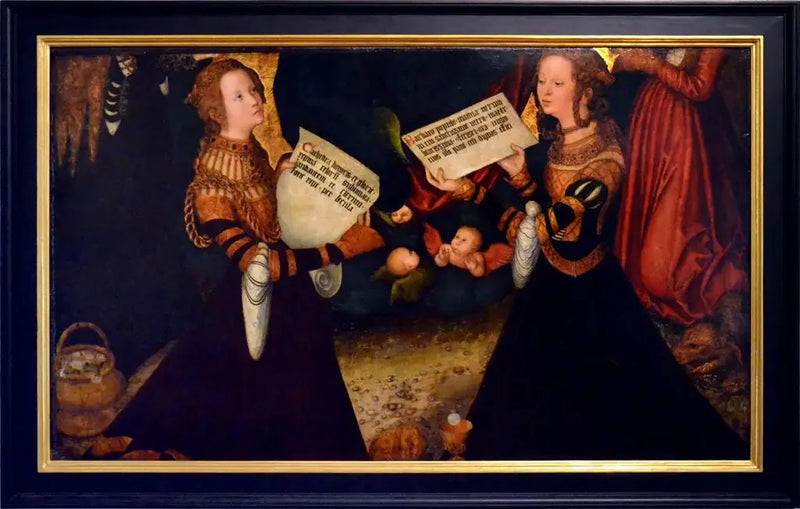 Prag Altar Tahtası [orta panel, parça]: Aziz Catherine ve Aziz Barbe, Aziz Dorothée ve Aziz Marguerite figürlerinin parçalarıyla - Lucas Cranach the Elder